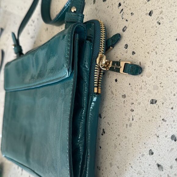 COLE HAAN JITNEY Teal Green Patent Leather Shoulder Purse Top Zip Travel Bag EUC - Picture 9 of 16